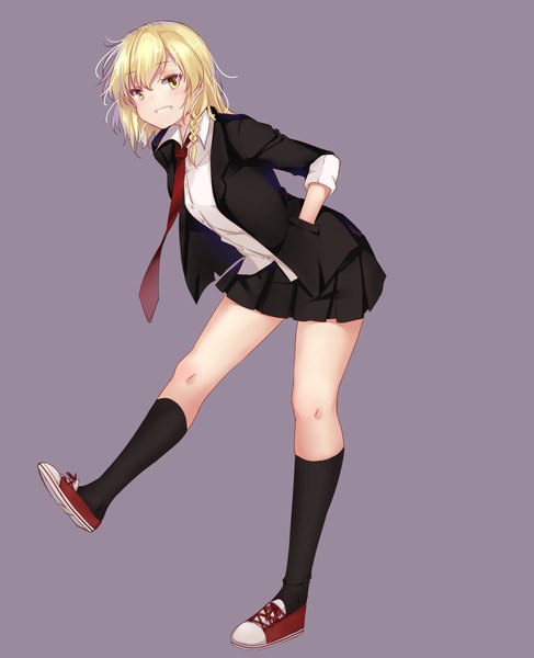 Anime picture 1300x1600 with touhou kirisame marisa ookamisama single tall image looking at viewer blush short hair simple background blonde hair smile yellow eyes braid (braids) grey background alternate costume side braid leg lift (legs lift) hands in pockets girl skirt