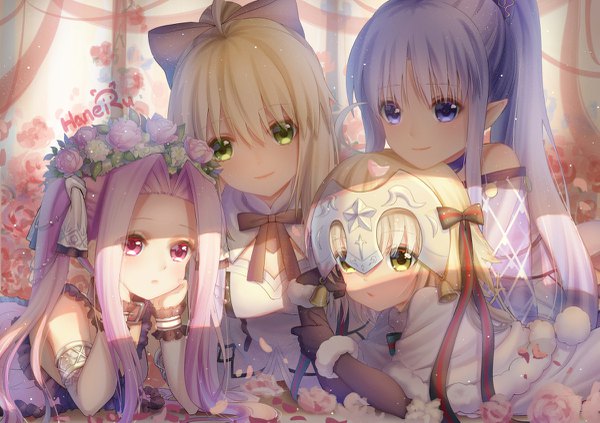 Anime picture 1200x847 with fate (series) fate/grand order fate/stay night fate/zero artoria pendragon (all) jeanne d'arc (fate) (all) rider saber lily caster jeanne d'arc alter santa lily (fate) medusa (lancer) (fate) caster lily haneru long hair looking at viewer blue eyes blonde hair smile multiple girls green eyes