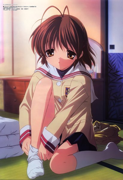 Anime picture 4063x5919 with clannad key (studio) furukawa nagisa single tall image highres short hair brown hair sitting brown eyes absurdres girl uniform school uniform socks white socks