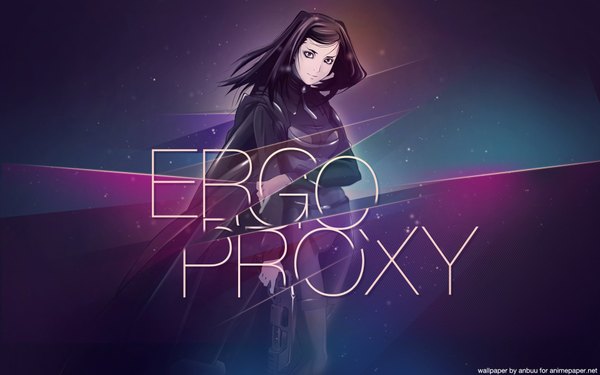 Anime picture 1920x1200 with ergo proxy re-l mayer anbuu single long hair highres black hair wide image inscription girl weapon gun cloak