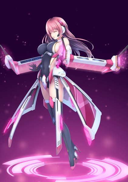 Anime-Bild 700x995 mit vocaloid megurine luka bit (keikou syrup) single long hair tall image fringe breasts open mouth light erotic large breasts pink hair full body eyes closed gradient background sideboob pink background purple background girl gloves