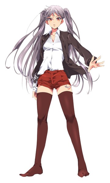 Anime picture 1200x2000 with original rakeng single long hair tall image looking at viewer fringe open mouth simple background red eyes standing white background twintails grey hair open clothes open jacket no shoes open collar girl thighhighs