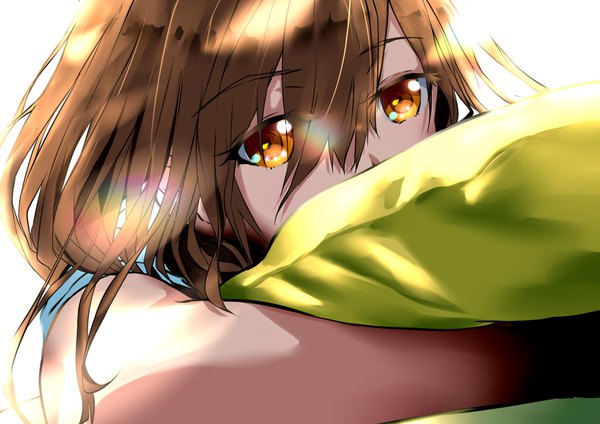 Anime picture 3507x2480 with original precision single long hair looking at viewer fringe highres simple background hair between eyes brown hair brown eyes absurdres sunlight covered mouth pillow hug girl pillow t-shirt