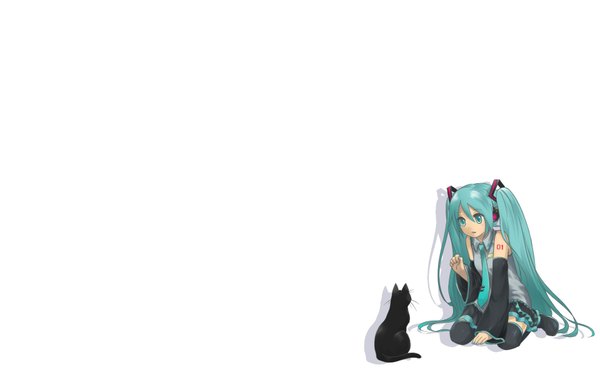 Anime picture 1920x1200 with vocaloid hatsune miku long hair highres open mouth simple background wide image white background sitting twintails looking away aqua eyes aqua hair shadow tattoo girl thighhighs skirt black thighhighs detached sleeves