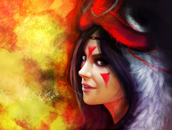 Anime picture 1454x1100 with mononoke hime studio ghibli san baovu single long hair black hair smile red eyes profile lips realistic portrait face paint girl