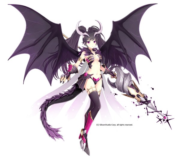 Anime picture 1200x1050 with original millgua single long hair looking at viewer light erotic black hair simple background white background purple eyes twintails tail horn (horns) dragon girl girl thighhighs black thighhighs wings