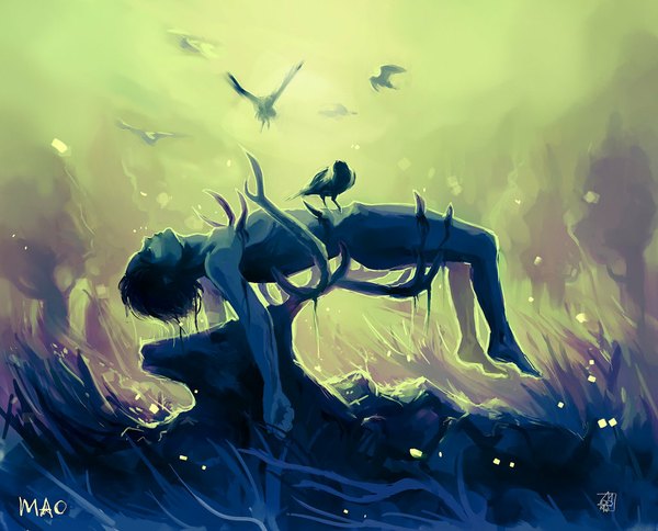 Anime picture 1024x827 with original akimao (artist) single short hair simple background lying eyes closed profile barefoot horn (horns) spread arms pale skin green background blue skin boy plant (plants) animal tree (trees) bird (birds) blood