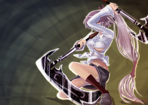 Anime picture 1579x1116 with league of legends akali (league of legends) single red eyes silver hair ponytail very long hair torn clothes girl thighhighs weapon miniskirt shirt