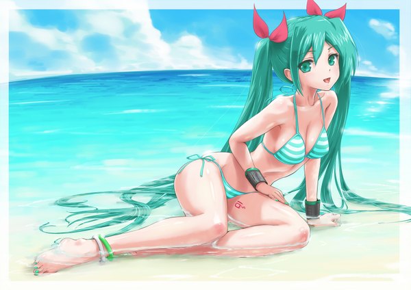 Anime picture 1697x1200 with vocaloid hatsune miku rasukaru breasts twintails very long hair aqua eyes aqua hair beach girl swimsuit bikini bracelet striped bikini