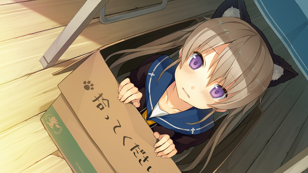 Anime picture 1280x720 with ao no kanata no four rhythm sprite (company) arisaka mashiro akinashi yuu single long hair looking at viewer blush fringe open mouth wide image sitting purple eyes animal ears game cg grey hair cat ears inscription shadow hieroglyph