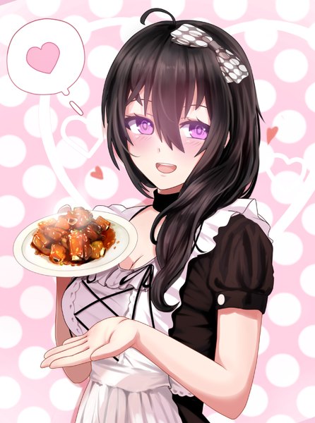 Anime picture 657x884 with original miyaura sanshio beifeng han single long hair tall image looking at viewer blush open mouth black hair hair between eyes purple eyes girl dress bow hair bow food heart speech bubble