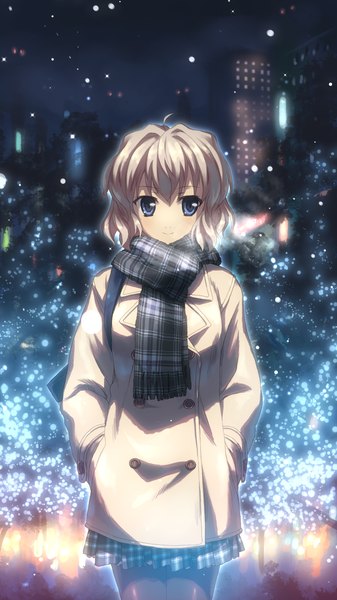 Anime picture 2160x3840 with original yuuki tatsuya single tall image blush highres short hair blue eyes looking away silver hair pleated skirt scan city evening plaid skirt snowing winter exhalation hands in pockets girl