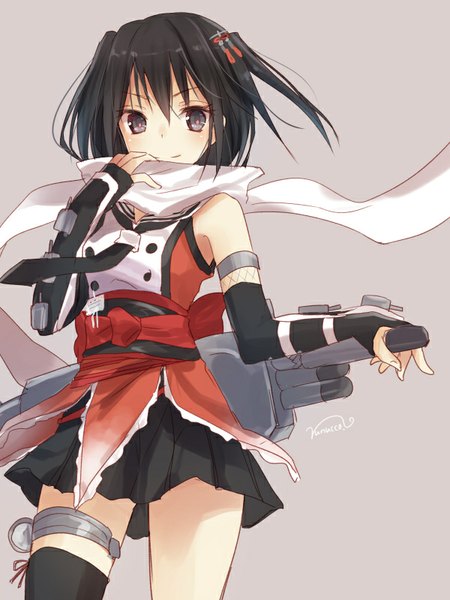 Anime picture 600x800 with kantai collection sendai light cruiser nunucco single tall image looking at viewer blush short hair black hair simple background smile signed pleated skirt black eyes grey background two side up girl thighhighs skirt detached sleeves