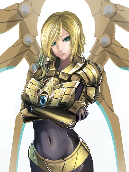 Anime picture 1500x2000 with league of legends kayle (league of legends) kumiko shiba single tall image looking at viewer fringe short hair blonde hair standing green eyes crossed arms mechanical wings girl navel wings armor spaulder (spaulders) vambraces