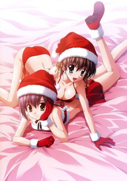 Anime picture 3092x4374 with ef a fairy tale of the two miyamura miyako shindou kei tall image highres light erotic multiple girls fur trim christmas girl gloves 2 girls fur bed santa claus hat santa claus costume