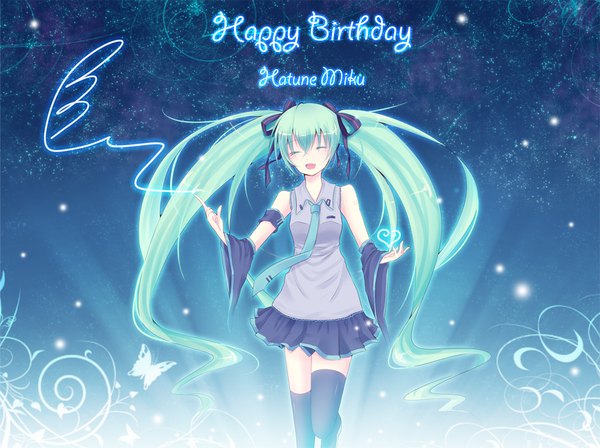 Anime picture 1064x796 with vocaloid hatsune miku mokoppe single open mouth twintails bare shoulders eyes closed very long hair wallpaper happy happy birthday girl ribbon (ribbons) hair ribbon detached sleeves necktie heart insect butterfly