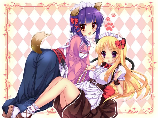 Anime picture 1024x768 with usagihime multiple girls maid cat girl dog girl girl 2 girls