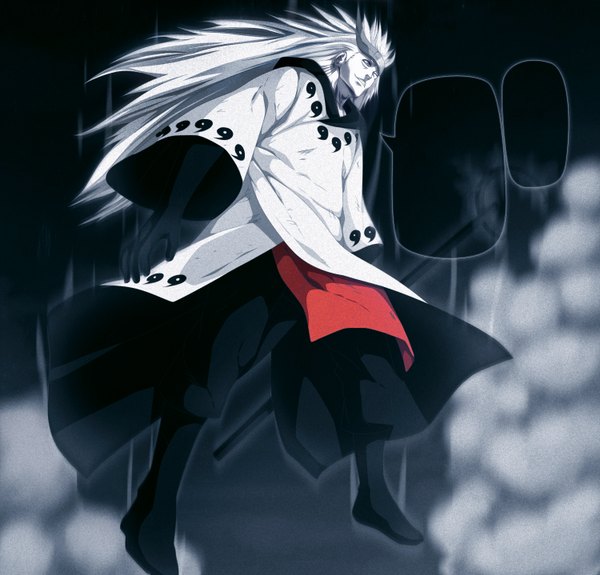 Anime picture 1500x1438 with naruto studio pierrot naruto (series) uchiha madara single long hair smile white hair very long hair one eye closed horn (horns) night wide sleeves from below coloring white skin dust rinnegan aura boy