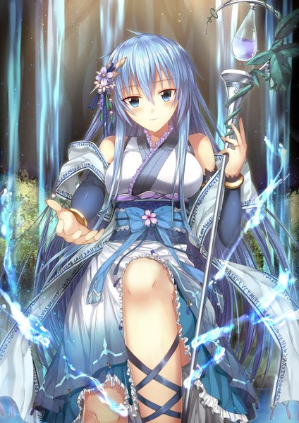 Anime picture 900x1273 with yu-gi-oh! eria luzi (coffee-straw-luzi) single tall image looking at viewer blush blue eyes blue hair very long hair girl dress hair ornament detached sleeves water staff