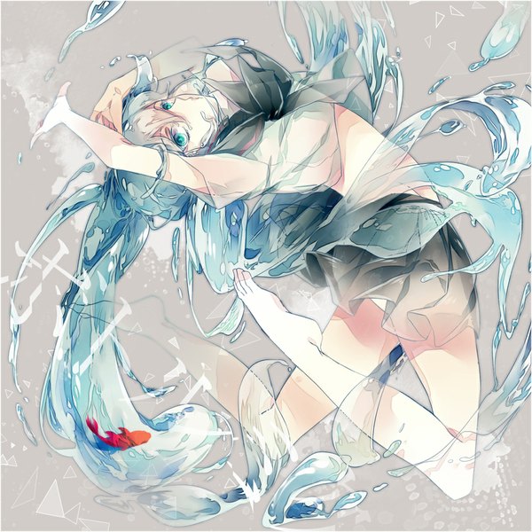 Anime picture 1000x1000 with vocaloid hatsune miku bottle miku reika (artist) single long hair looking at viewer simple background twintails barefoot aqua eyes aqua hair grey background liquid hair girl serafuku fish (fishes)