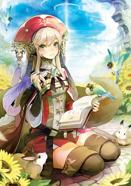 Anime picture 700x991 with original cocorip (riprip) single long hair tall image looking at viewer blush fringe blue eyes blonde hair sitting sky cloud (clouds) tail animal tail light smile girl flower (flowers) hat animal