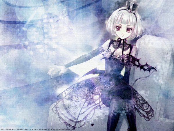 Anime picture 1024x768 with minakami kaori short hair smile red eyes grey hair wallpaper gothic girl thighhighs black thighhighs detached sleeves mask crown