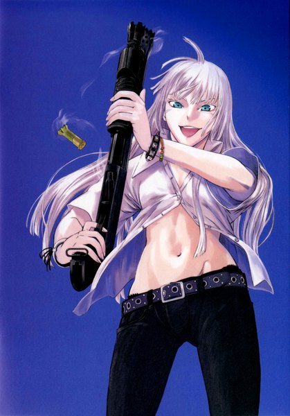 Anime picture 2945x4217 with jormungand white fox koko hekmatyar tagme (artist) single long hair tall image looking at viewer fringe highres open mouth blue eyes simple background standing white hair open clothes bare belly short sleeves open shirt blue background