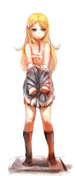 Anime picture 529x1200 with original bow (bhp) single long hair tall image blonde hair smile white background holding green eyes mouth hold undressing ribbon in mouth girl dress hair ornament ribbon (ribbons) socks hairclip knee socks