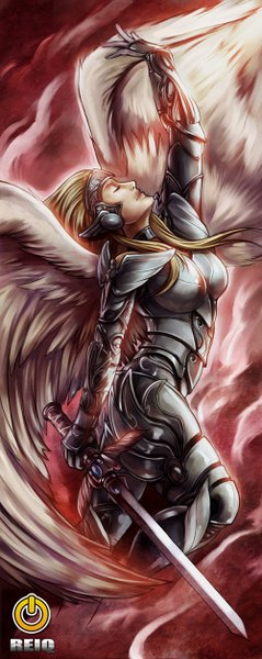 Anime picture 500x1252 with reiq (artist) single long hair tall image blonde hair eyes closed angel wings angel girl gloves weapon sword wings armor