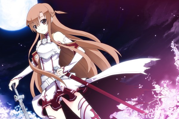 Anime picture 1800x1200 with sword art online a-1 pictures yuuki asuna uiu single long hair highres brown hair brown eyes girl thighhighs dress weapon detached sleeves white thighhighs sword moon