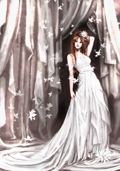 Anime picture 2480x3507 with original genki-de single long hair tall image highres brown hair bare shoulders brown eyes hair flower arm behind head hand on head girl dress hair ornament flower (flowers) white dress leaf (leaves) curtains beads