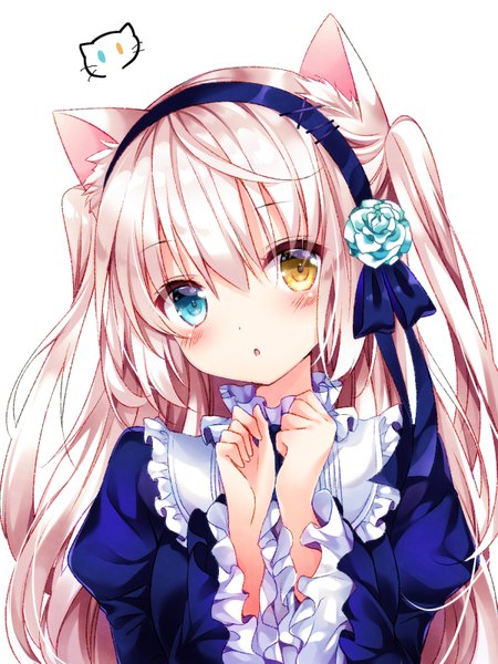 Anime picture 600x800 with original nogi takayoshi single long hair tall image looking at viewer blush fringe open mouth blue eyes simple background hair between eyes white background animal ears yellow eyes pink hair upper body long sleeves cat ears :o