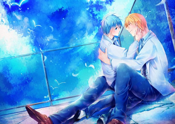 Anime picture 1250x887 with kuroko no basket production i.g kuroko tetsuya kise ryouta salvia fringe short hair blue eyes smile sitting yellow eyes blue hair sky cloud (clouds) head tilt profile multiple boys kneeling open collar face to face