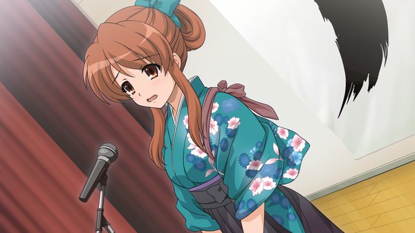 Anime picture 1920x1080 with suzumiya haruhi no yuutsu kyoto animation asahina mikuru single long hair highres brown hair wide image brown eyes game cg traditional clothes japanese clothes alternate hairstyle hair up girl kimono microphone stand