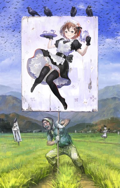Anime picture 656x1024 with original arata yokoyama tall image short hair open mouth smile brown hair outdoors eyes closed maid grey eyes mountain bristle flock girl thighhighs boy gloves hair ornament black thighhighs