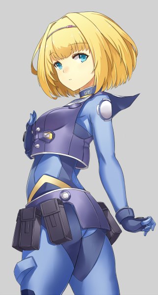 Anime picture 665x1239 with heavy object j.c. staff milinda brantini asya single tall image fringe short hair breasts blue eyes simple background blonde hair standing looking away ahoge looking back grey background from below girl gloves