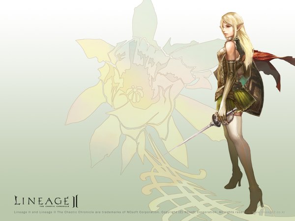 Anime picture 1600x1200 with lineage (game) long hair highres blonde hair pointy ears realistic official art wallpaper elf thighhighs skirt sword armor shield rapier