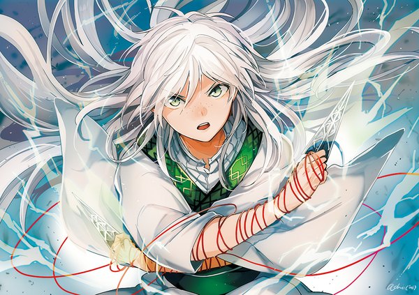Anime picture 1003x708 with magi the labyrinth of magic a-1 pictures ja'far (magi) maguchimo single open mouth green eyes signed white hair very long hair from above magic freckles boy weapon thread red thread arabian clothes