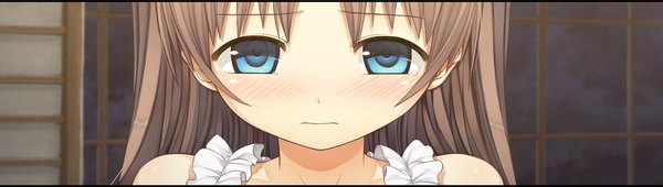 Anime picture 2560x726 with monobeno sawai natsuha cura long hair blush highres blue eyes brown hair wide image game cg loli girl