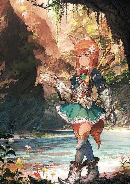 Anime picture 905x1280 with original jean popo single tall image fringe blue eyes animal ears payot looking away tail animal tail hair flower orange hair fox ears fox tail walking river nature canyon girl