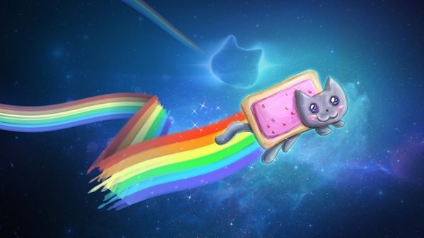 Anime picture 1500x844 with original nyan cat wide image no people space animal cat planet rainbow