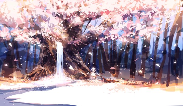 Anime picture 3507x2037 with original prophet chu single long hair highres wide image standing twintails absurdres cherry blossoms glow river waterfall girl dress plant (plants) petals tree (trees) water sundress