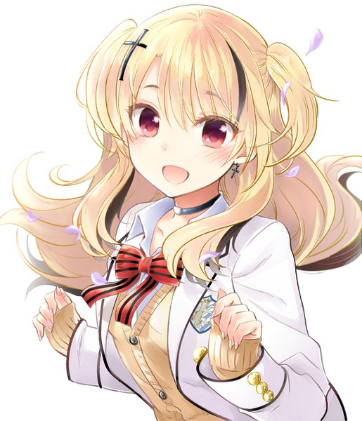Anime picture 1043x1214 with kishuku gakkou no juliet lidenfilms somali longhaired natsupa single long hair tall image blush fringe open mouth simple background blonde hair smile red eyes white background looking away upper body :d fingernails two side up