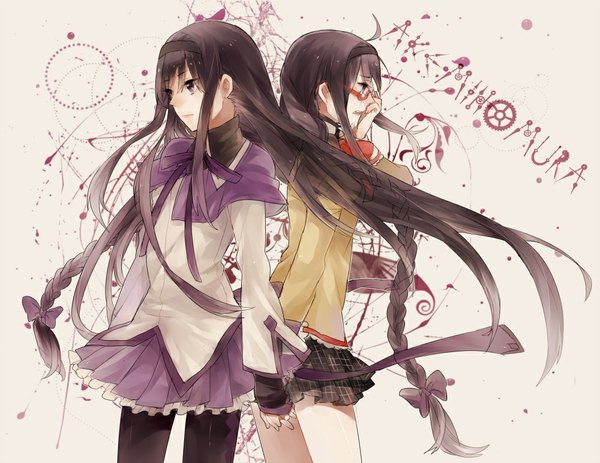 Anime picture 1000x772 with mahou shoujo madoka magica shaft (studio) akemi homura asuda (artist) long hair black hair purple eyes braid (braids) profile wind inscription tears twin braids holding hands crying dual persona girl uniform school uniform pantyhose