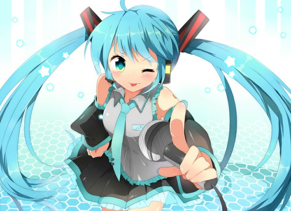 Anime picture 1000x726 with vocaloid hatsune miku ao ringo (artist) single long hair blush twintails one eye closed aqua eyes wink aqua hair :p girl detached sleeves