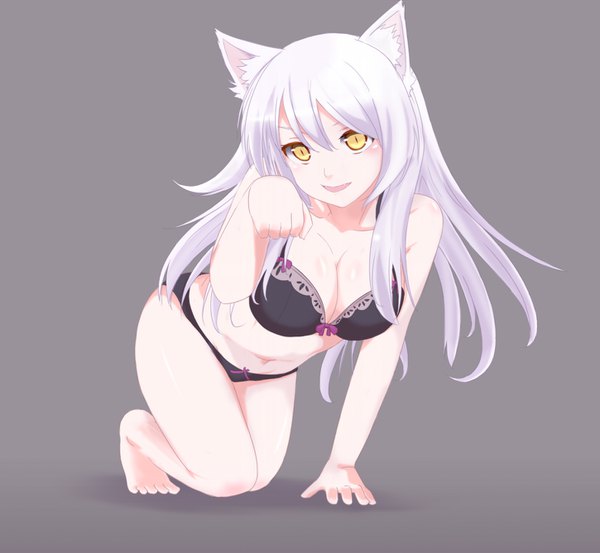 Anime picture 1450x1338 with bakemonogatari shaft (studio) monogatari (series) hanekawa tsubasa black hanekawa nao (ritsancrossover) single long hair looking at viewer fringe breasts open mouth light erotic simple background smile hair between eyes large breasts animal ears yellow eyes full body