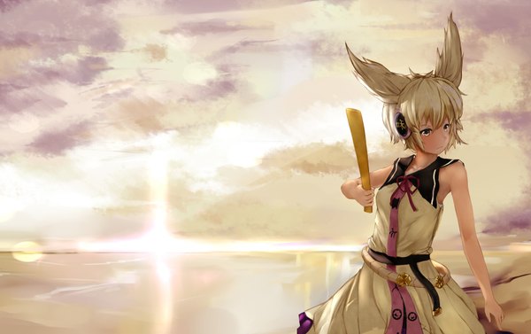 Anime picture 3476x2188 with touhou toyosatomimi no miko single highres short hair blonde hair animal ears yellow eyes looking away absurdres sky cloud (clouds) sunlight girl belt headphones sun