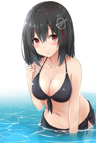 Anime picture 1500x2220 with kantai collection haguro heavy cruiser saku (kudrove) single tall image looking at viewer blush fringe short hair breasts light erotic black hair simple background hair between eyes red eyes large breasts white background parted lips :o leaning