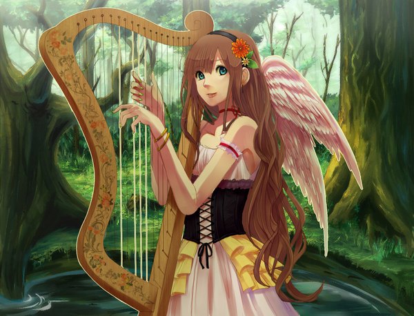 Anime picture 1700x1299 with original tagme (artist) single long hair brown hair bare shoulders green eyes angel girl dress flower (flowers) plant (plants) wings tree (trees) bracelet hairband grass harp