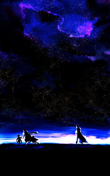 Anime picture 1962x3141 with bwatermark tall image highres short hair night night sky walking silhouette running boy weapon sword water scarf cloak child (children)